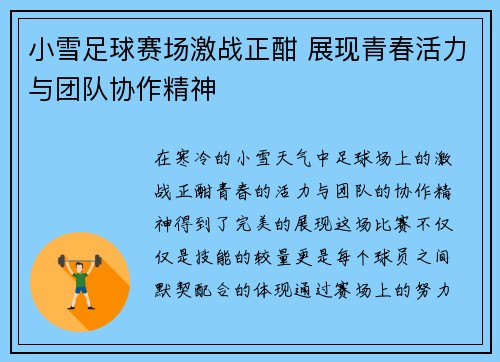 小雪足球赛场激战正酣 展现青春活力与团队协作精神