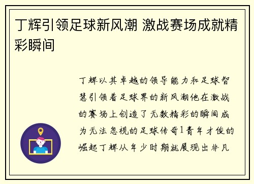 丁辉引领足球新风潮 激战赛场成就精彩瞬间