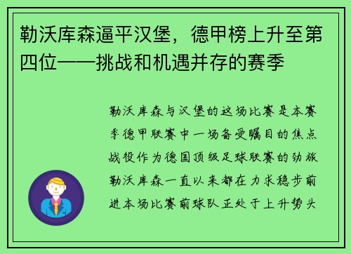 勒沃库森逼平汉堡，德甲榜上升至第四位——挑战和机遇并存的赛季