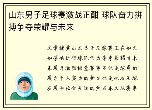 山东男子足球赛激战正酣 球队奋力拼搏争夺荣耀与未来