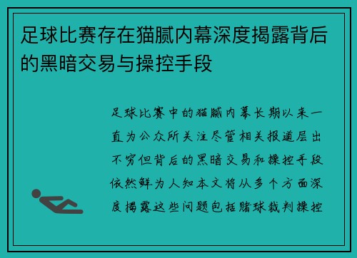 足球比赛存在猫腻内幕深度揭露背后的黑暗交易与操控手段