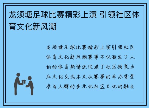 龙须塘足球比赛精彩上演 引领社区体育文化新风潮