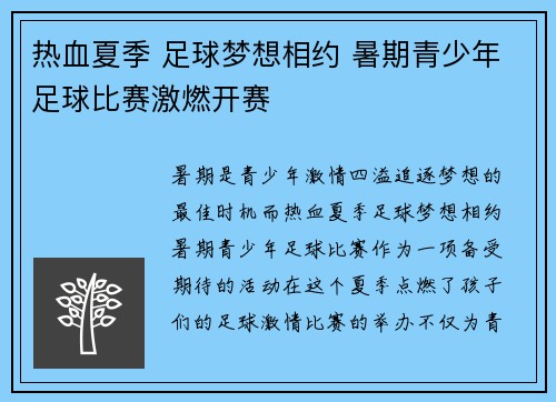 热血夏季 足球梦想相约 暑期青少年足球比赛激燃开赛