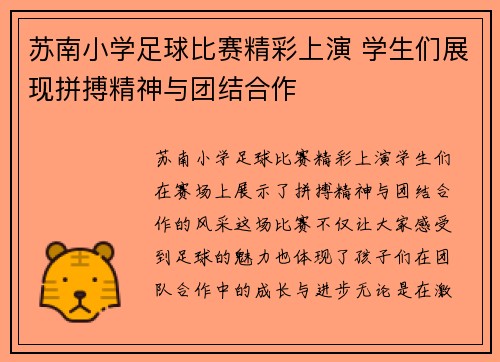 苏南小学足球比赛精彩上演 学生们展现拼搏精神与团结合作