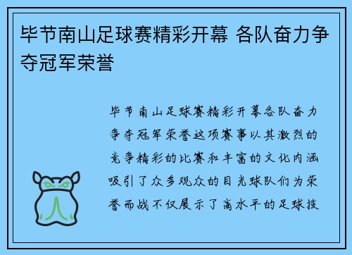 毕节南山足球赛精彩开幕 各队奋力争夺冠军荣誉