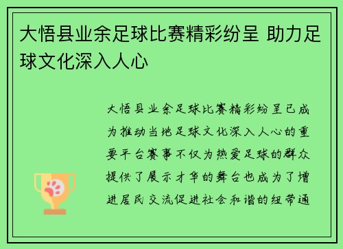 大悟县业余足球比赛精彩纷呈 助力足球文化深入人心
