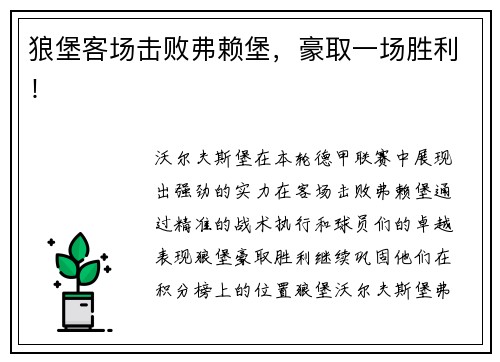 狼堡客场击败弗赖堡，豪取一场胜利！