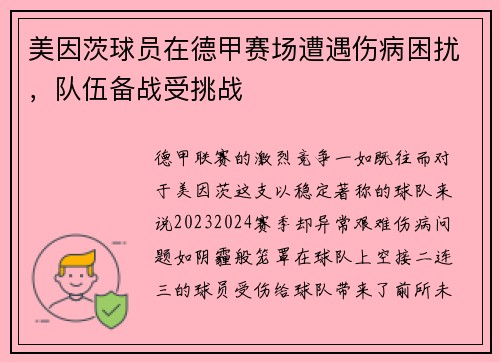 美因茨球员在德甲赛场遭遇伤病困扰，队伍备战受挑战