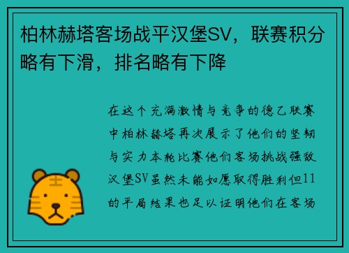 柏林赫塔客场战平汉堡SV，联赛积分略有下滑，排名略有下降