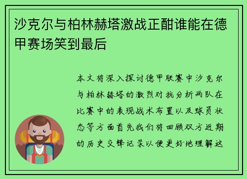 沙克尔与柏林赫塔激战正酣谁能在德甲赛场笑到最后