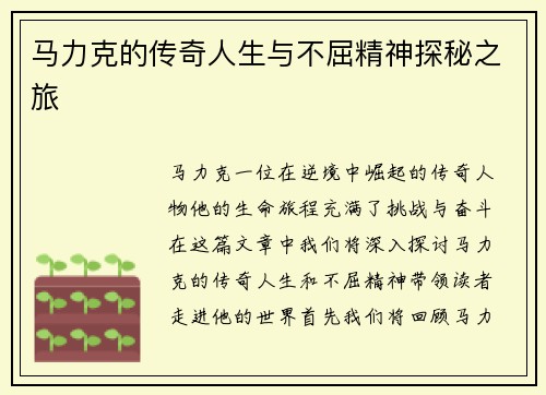 马力克的传奇人生与不屈精神探秘之旅