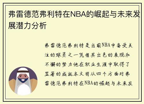 弗雷德范弗利特在NBA的崛起与未来发展潜力分析