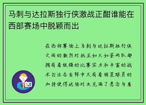 马刺与达拉斯独行侠激战正酣谁能在西部赛场中脱颖而出
