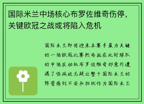 国际米兰中场核心布罗佐维奇伤停，关键欧冠之战或将陷入危机