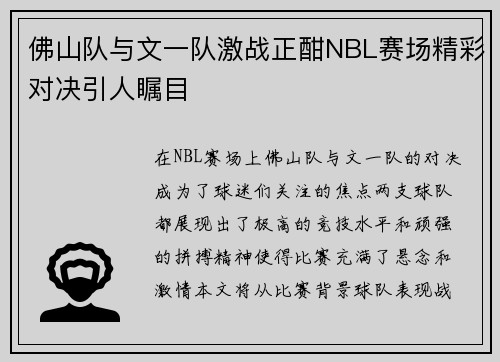 佛山队与文一队激战正酣NBL赛场精彩对决引人瞩目