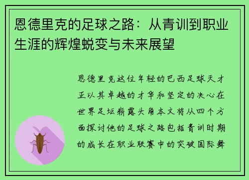 恩德里克的足球之路：从青训到职业生涯的辉煌蜕变与未来展望
