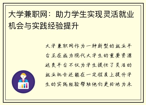 大学兼职网：助力学生实现灵活就业机会与实践经验提升