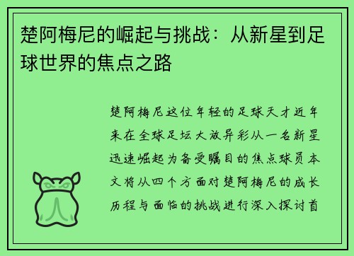 楚阿梅尼的崛起与挑战：从新星到足球世界的焦点之路
