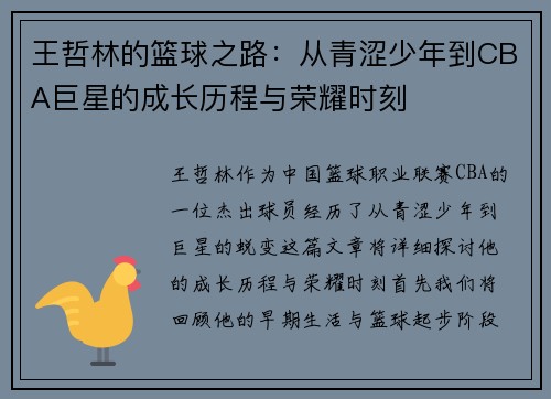 王哲林的篮球之路：从青涩少年到CBA巨星的成长历程与荣耀时刻
