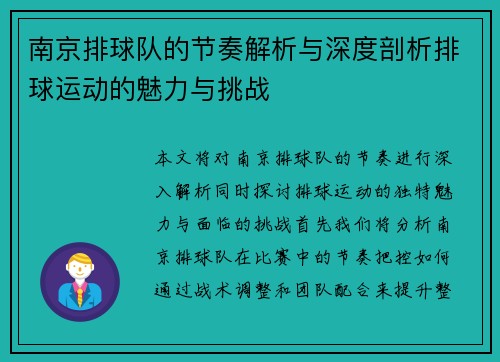 南京排球队的节奏解析与深度剖析排球运动的魅力与挑战