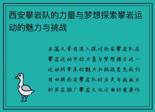 西安攀岩队的力量与梦想探索攀岩运动的魅力与挑战