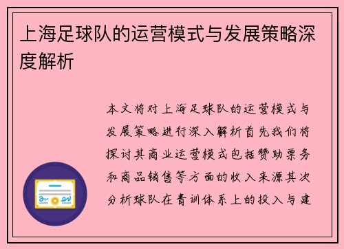 上海足球队的运营模式与发展策略深度解析